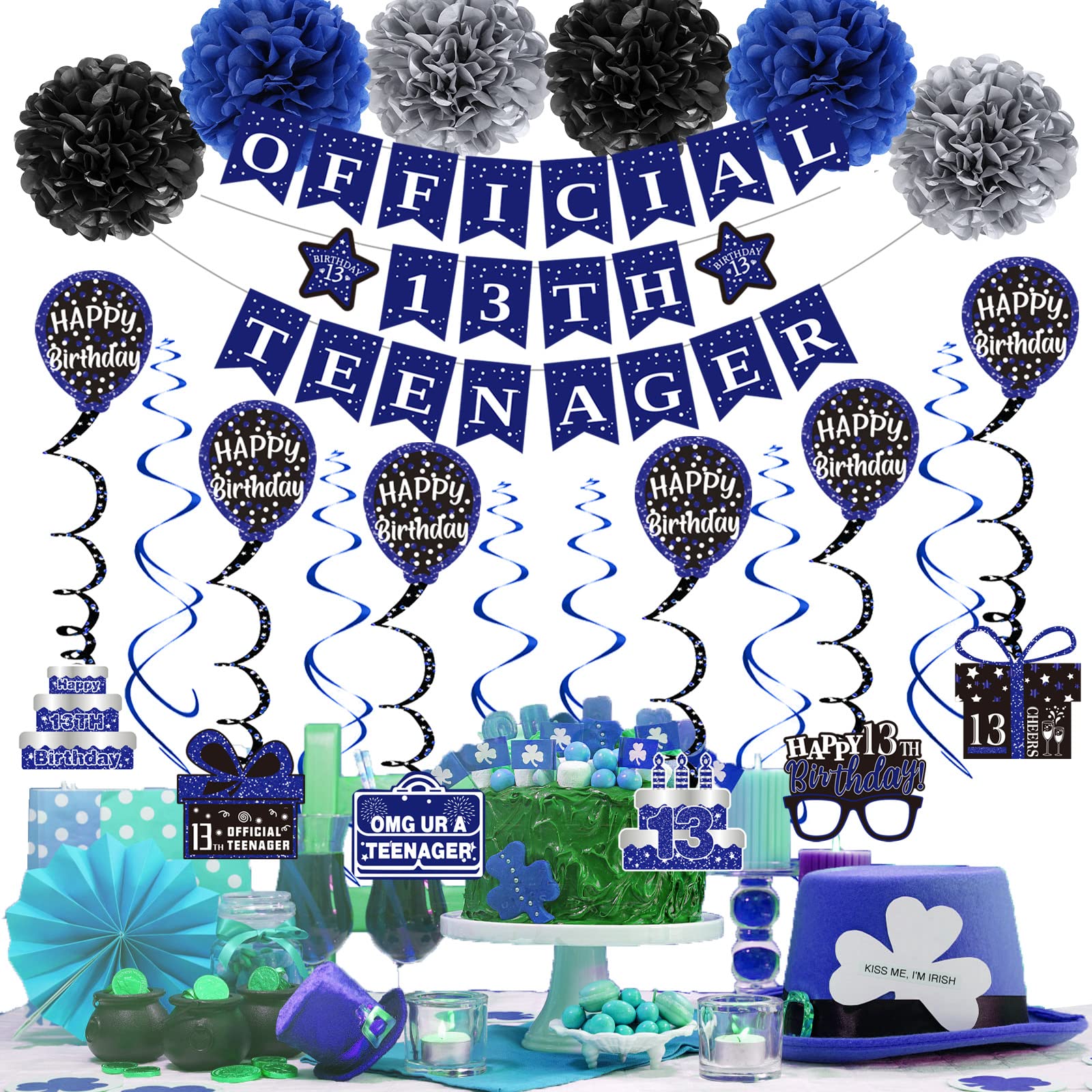 13th Birthday Decorations for Boys Girls, Blue Official 13th Teenager Banner Party Decorations, Happy Thirteen Birthday Decor Double-Sided Card Pompoms Hanging Swirl for 13 Years Teenagers Gifts 48pcs