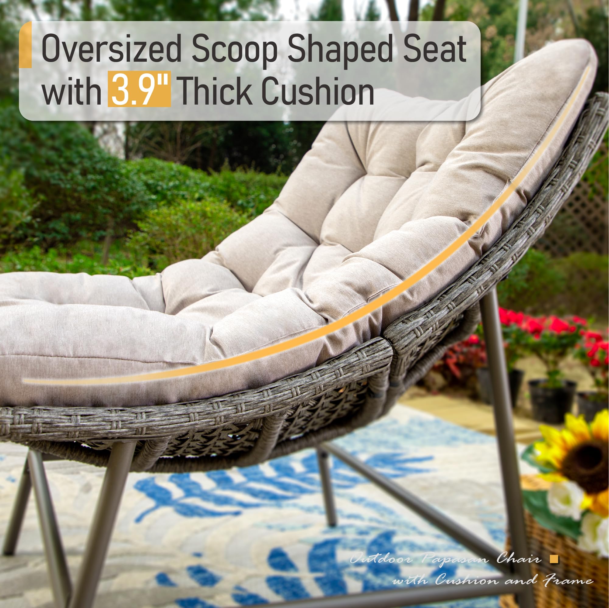 Sophia & William Outdoor Papasan Chairs with Cushion and Frame, Patio Rattan Club Scoop Chairs with 3.9" Cushions, Oversized Padded Lounge Chairs Set of 2, 350Ibs Capacity, Indoor & Outdoor Use