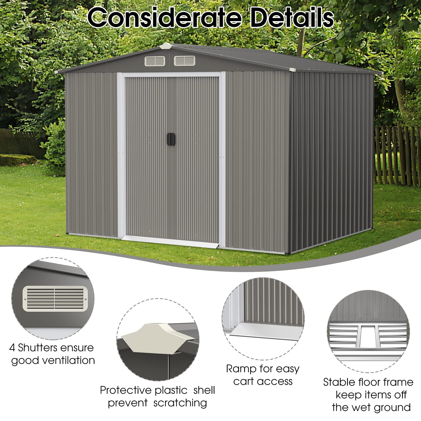 Goplus Outdoor Storage Shed, 8.5’ x 6.8’ x 6’ Weather-Resistant Utility Tool Organizer w/Foundation, 4 Louvers, Double Doors & Ramp, Galvanized Steel Tool Shed for Garden, Lawn, Yard