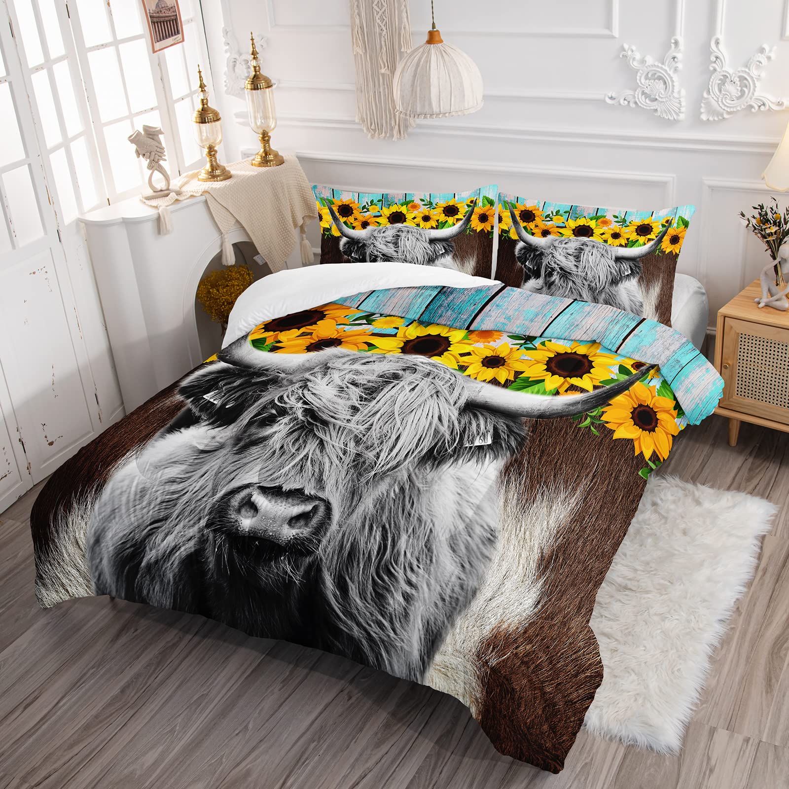 Highland Cattle Flower Comforter Set Queen Size Bull Cattle Bedding Set Western Funny Animal Bedding Set Wildlife Farmhouse Cow Quilt Set Sunflowers Comforter Set for Kids Teens Boys Girls Adults