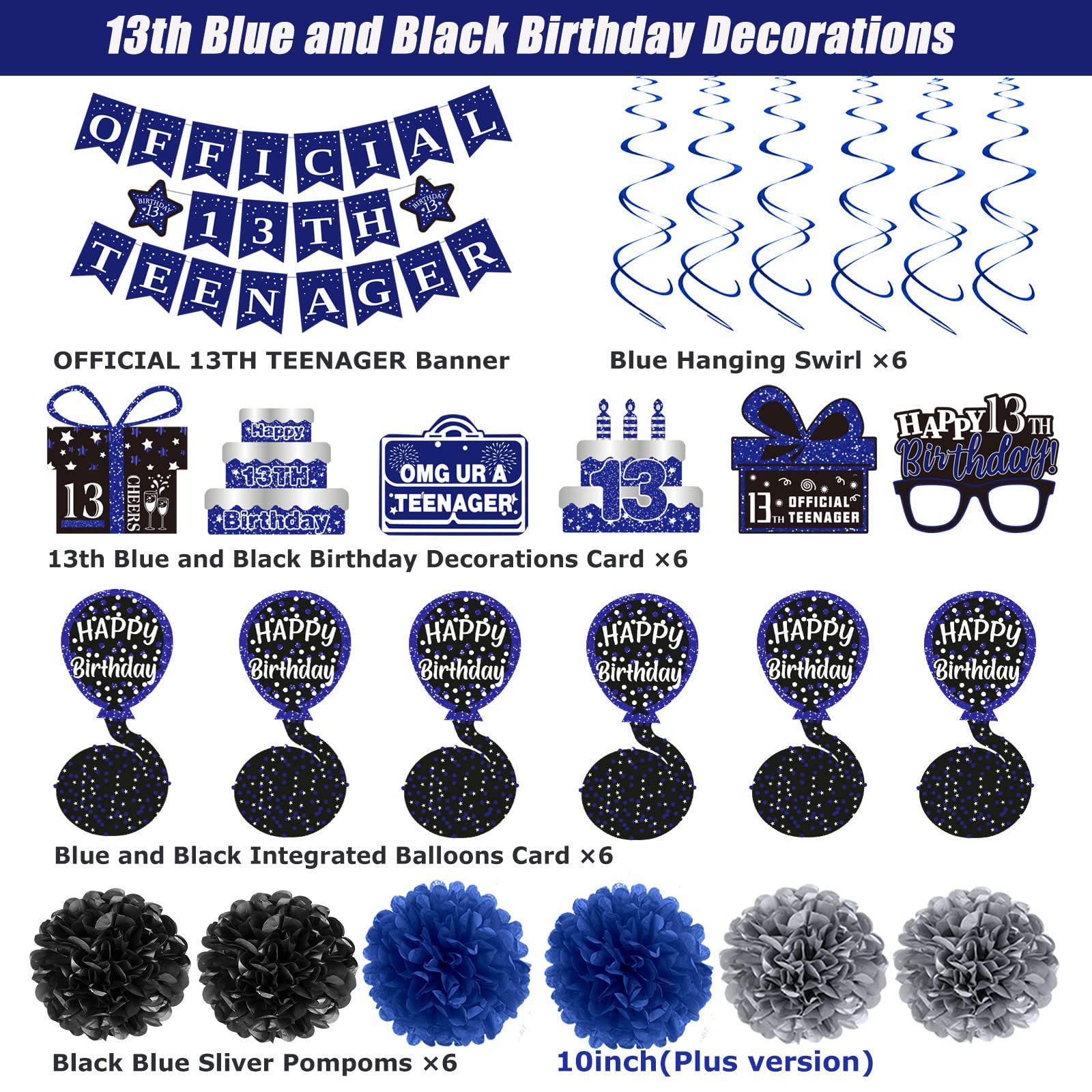 13th Birthday Decorations for Boys Girls, Blue Official 13th Teenager Banner Party Decorations, Happy Thirteen Birthday Decor Double-Sided Card Pompoms Hanging Swirl for 13 Years Teenagers Gifts 48pcs