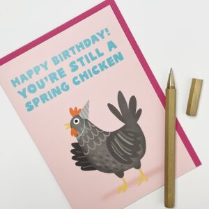 Old English Co. Spring Chicken Funny Happy Birthday Card - Cute Chicken Themed Birthday Card for Mum, Dad, Uncle, Auntie - Birthday Party | Blank Inside with Envelope