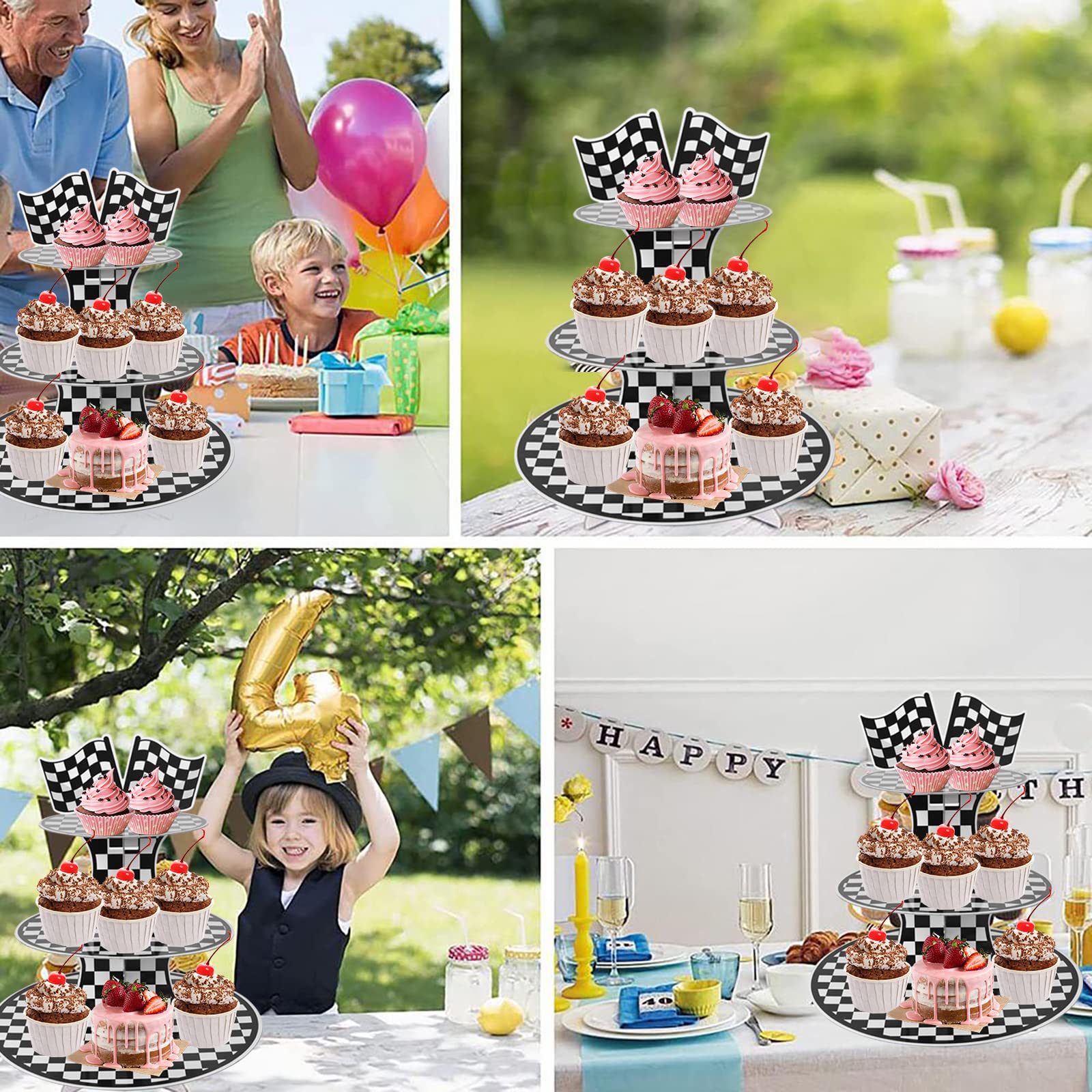 Racing Car Theme Cardboard Cupcake Stand,3-Tier Round Cupcake Holder Car Theme Dessert Stand for Racing Cars Birthday Party Supplies Decor