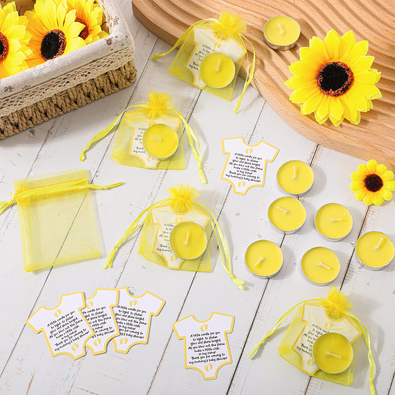 Roowest Candles Favors for Guests, 50 Sets Yellow Unscented Tea Light Candle Decorations with Thank You Cards Organza Bags for Girl Boy Baby Shower Gender Reveal Party Favors