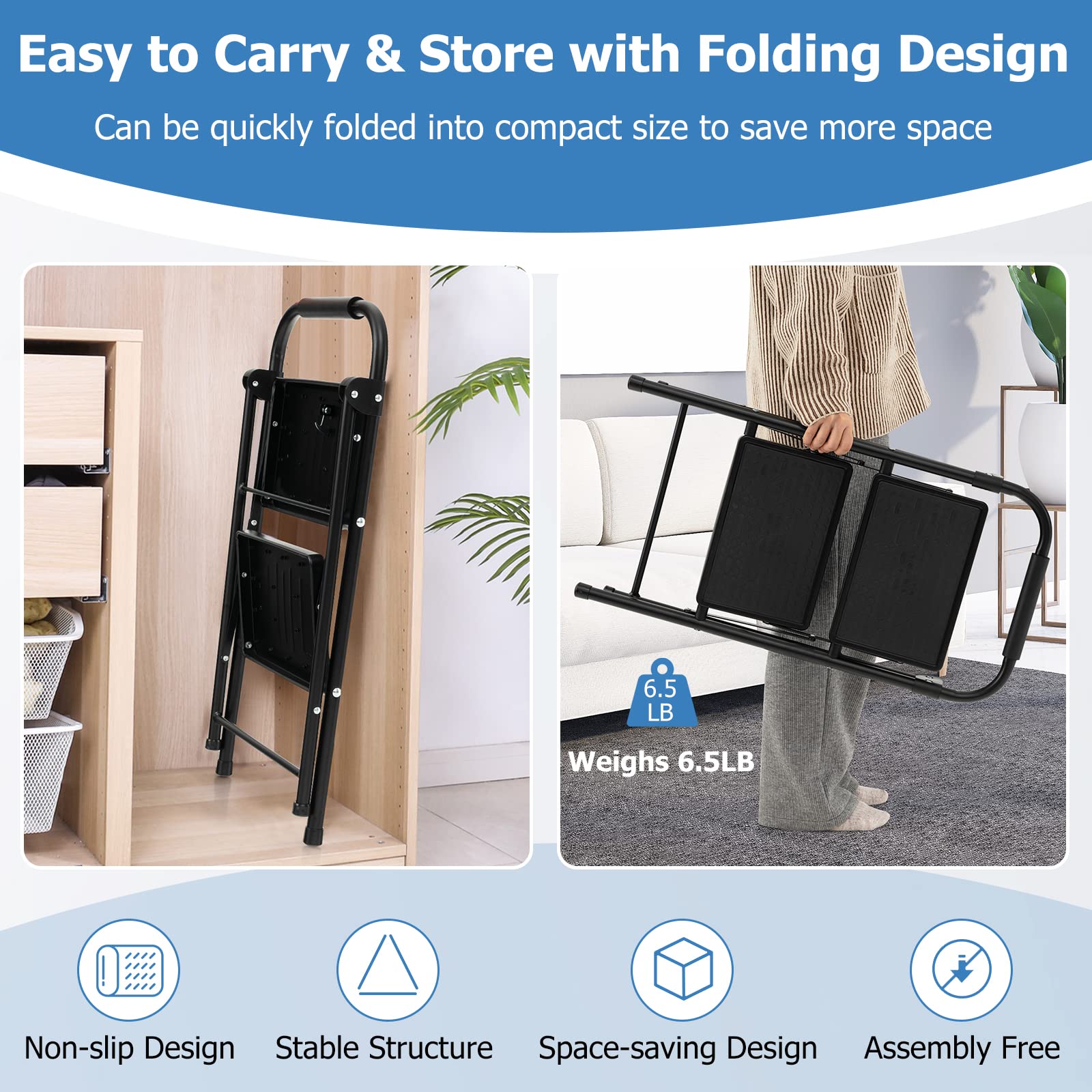 Nightcore 2 Step Ladder, Folding Step Stool w/Padded Handgrip & Wide Anti-Slip Pedal, Lightweight Portable Metal Tool Ladder, 330 LBS Capacity, Multi-Use Sturdy Ladder for Kitchen & Household