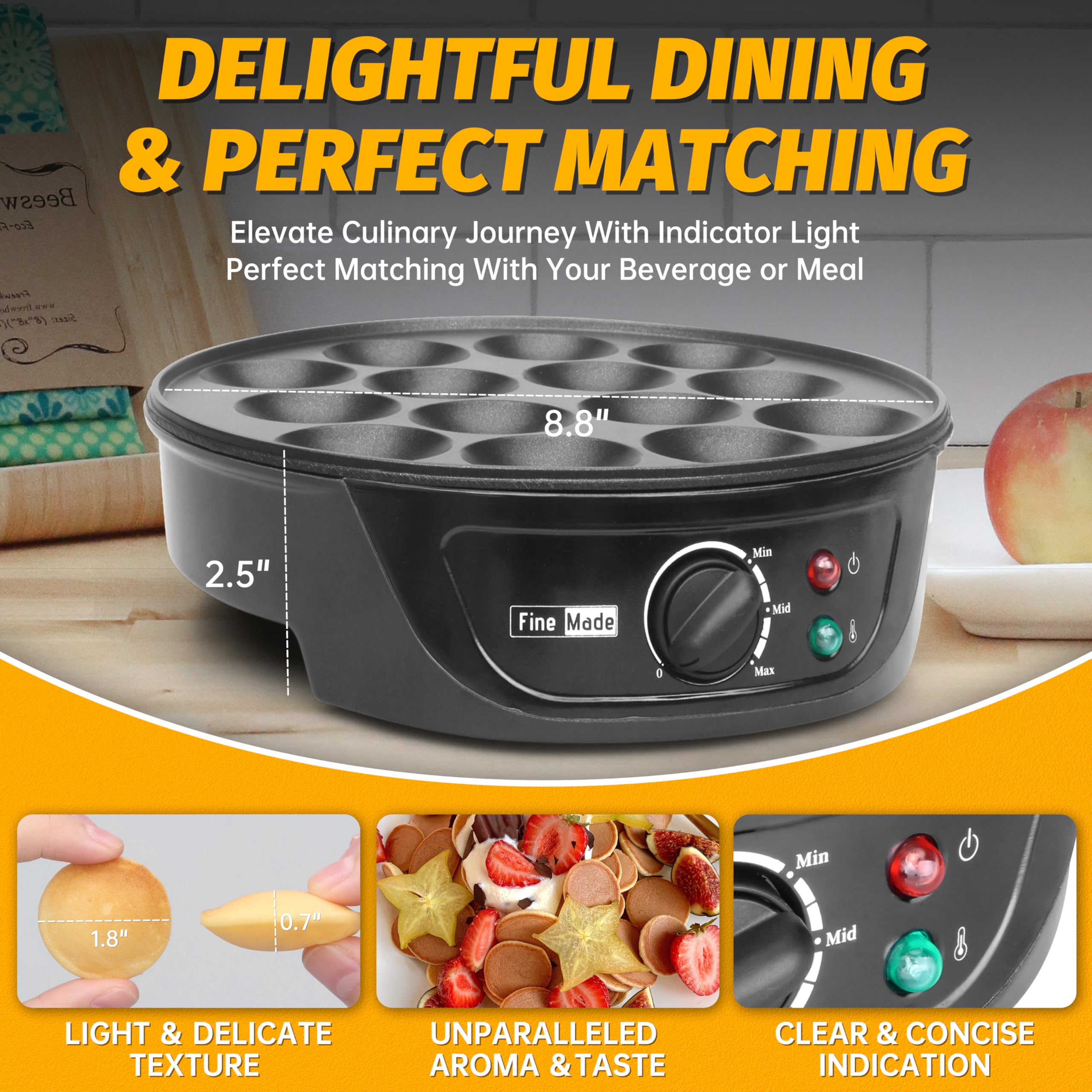 FineMade Non Stick Mini Pancakes Maker Machine, Electric Poffertjes Pan with Browning Control, Mini Ebelskiver Aebleskiver Pan, Dutch Mini Pancake Maker, with Brush & Forks, 14 Slots, Black