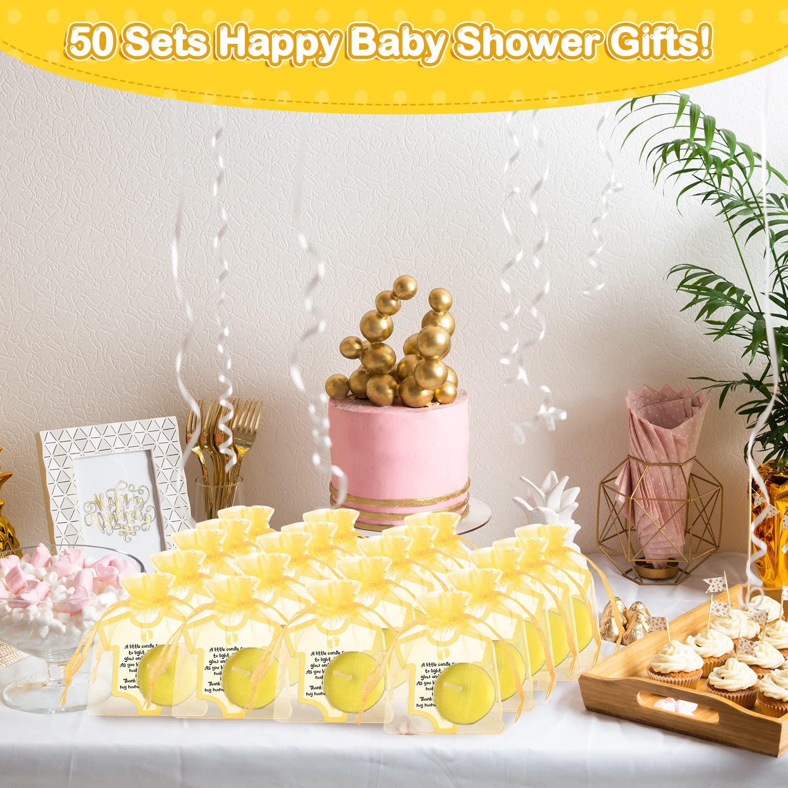 Roowest Candles Favors for Guests, 50 Sets Yellow Unscented Tea Light Candle Decorations with Thank You Cards Organza Bags for Girl Boy Baby Shower Gender Reveal Party Favors