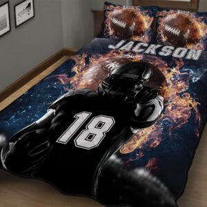 Custom Cool Galaxy Fire Footballer Quilt Set, Boys Comforter Sets Twin Throw Queen King Football, Football King Comforter Set, Football Team Gifts Bedspread Lightweight Soft Bedding for All Season