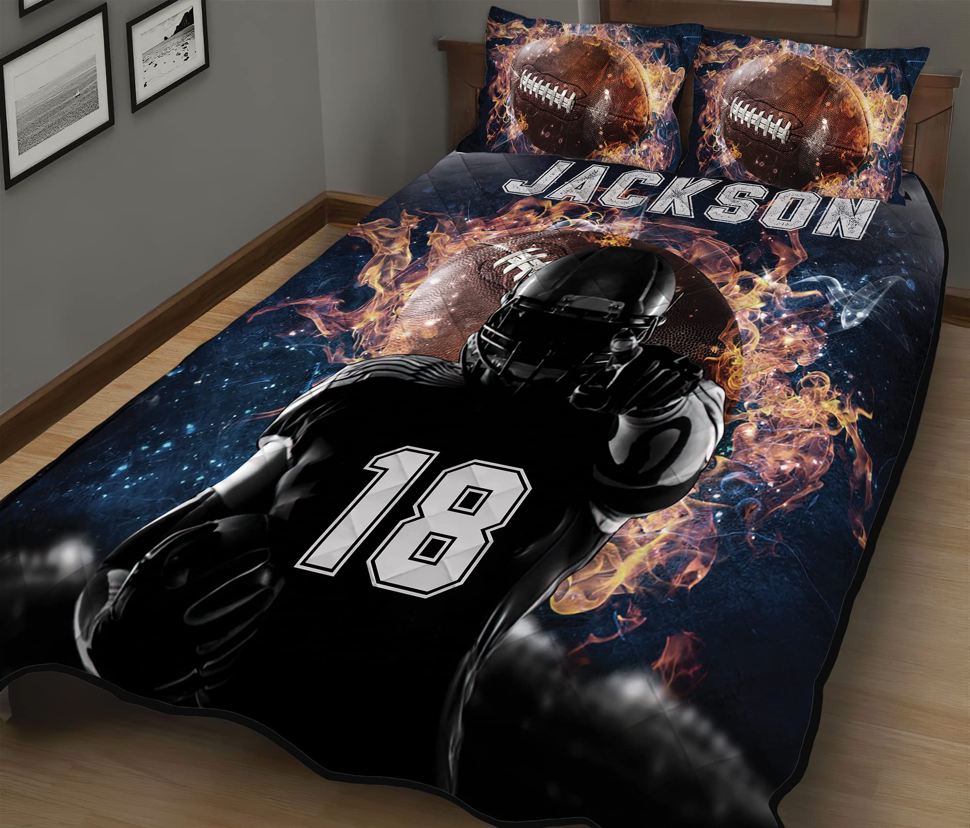 Custom Cool Galaxy Fire Footballer Quilt Set, Boys Comforter Sets Twin Throw Queen King Football, Football King Comforter Set, Football Team Gifts Bedspread Lightweight Soft Bedding for All Season