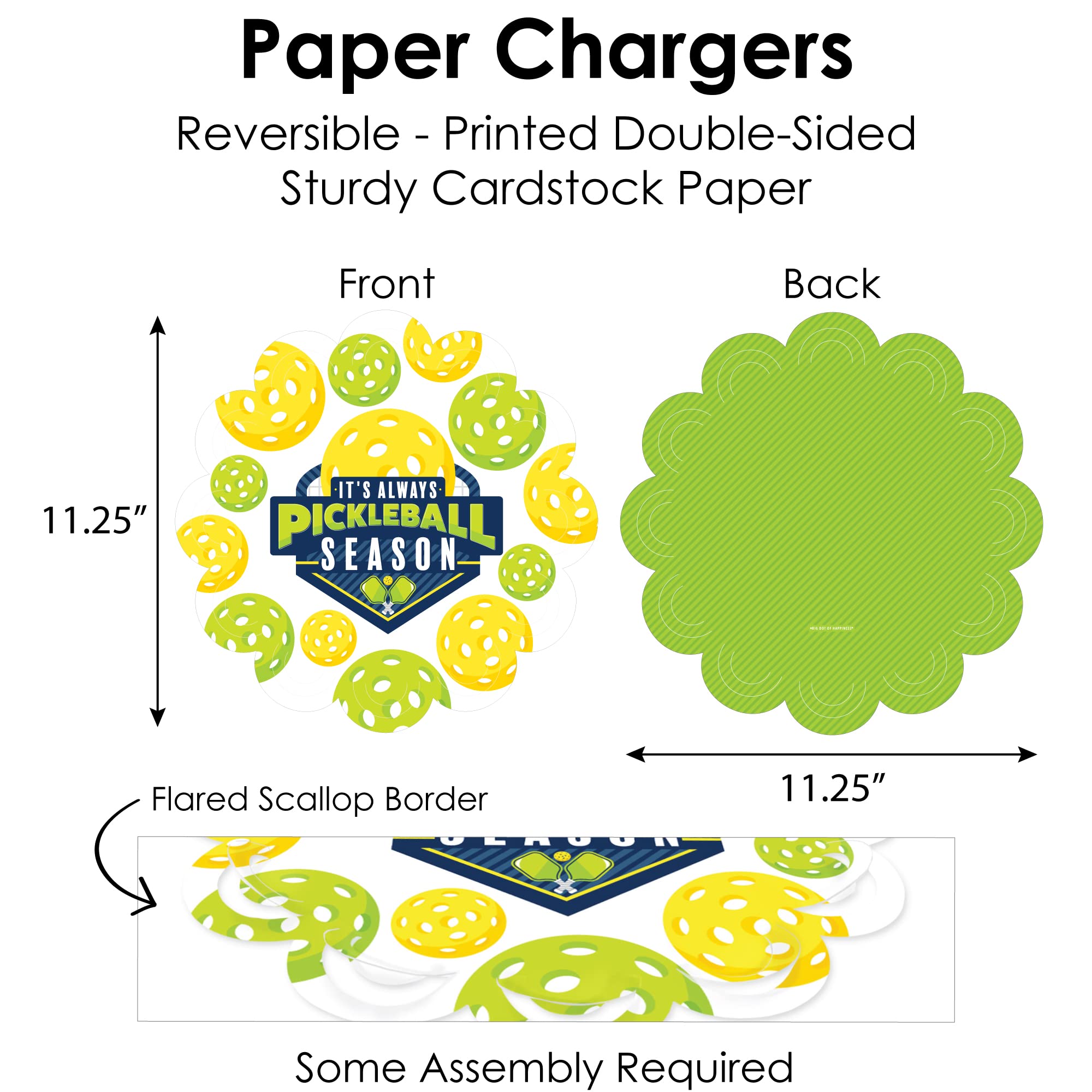 Big Dot of Happiness Let’s Rally - Pickleball - Birthday or Retirement Party Paper Charger and Table Decorations - Chargerific Kit - Place Setting for 8
