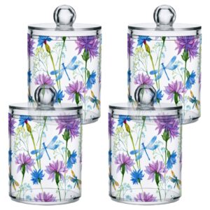 4 Pack Qtip Dispenser Apothecary Jars Bathroom Organizer, Watercolor Blue Flowers Dragonflies Qtip Holder Storage Canister Plastic Acrylic Jar for Cotton Ball/Swab/Rounds