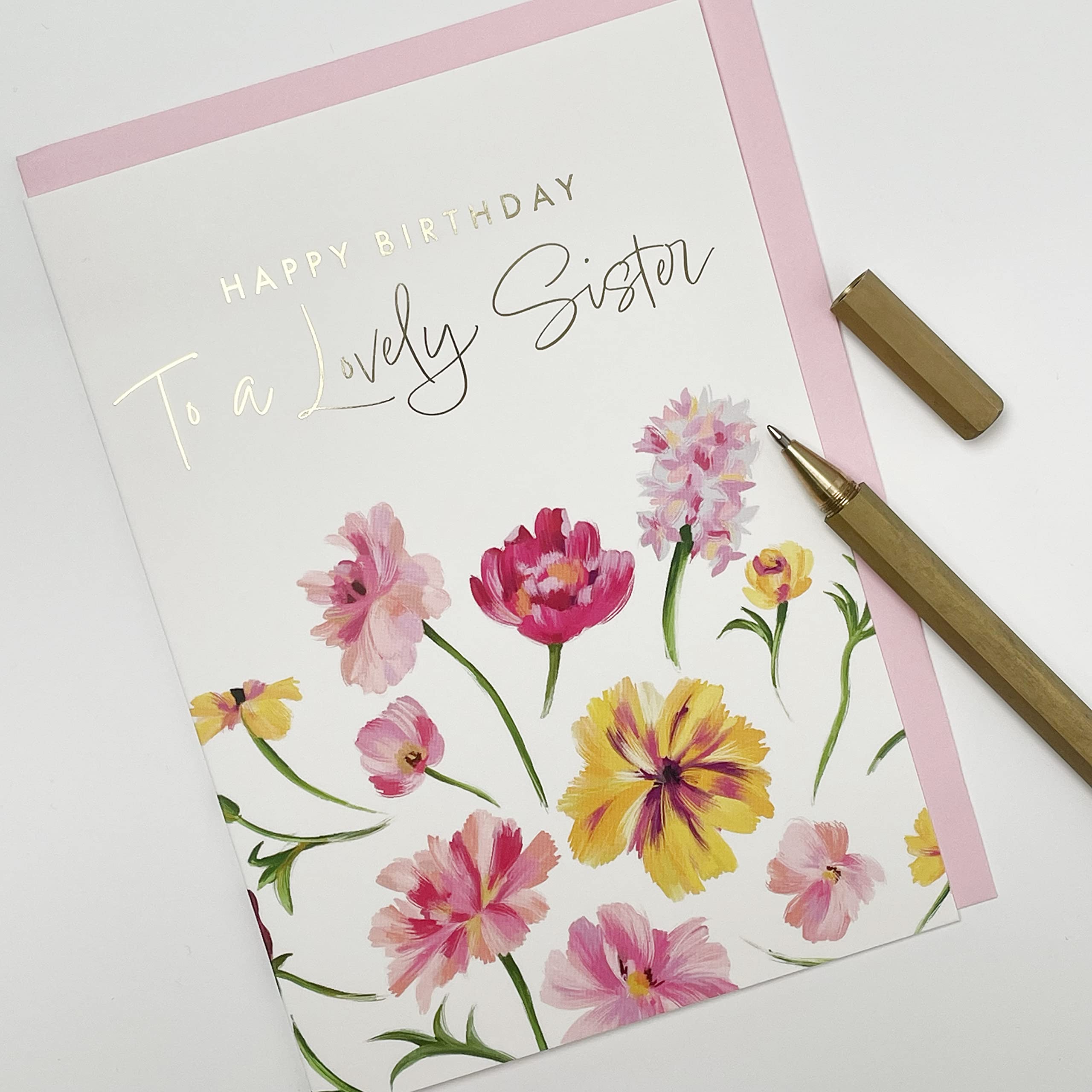 Old English Co. Happy Birthday Card for Sister from Sibling - Cute Flower Design with Gold Foil - Colourful Floral Lovely Sister Birthday Cards | Blank Inside with Envelope