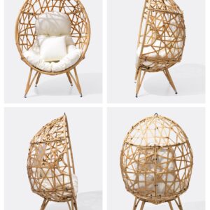 Crestlive Products Patio Wicker Egg Chair with Cushion and Pillow, Oversized Rattan Hanging Basket Lounge Chair with Legs, Teardrop Cuddle for Indoor Outdoor Bedroom Garden Deck Balcony (Beige)