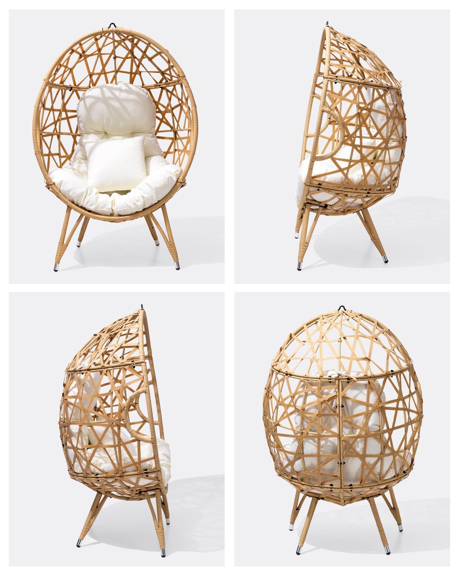 Crestlive Products Patio Wicker Egg Chair with Cushion and Pillow, Oversized Rattan Hanging Basket Lounge Chair with Legs, Teardrop Cuddle for Indoor Outdoor Bedroom Garden Deck Balcony (Beige)