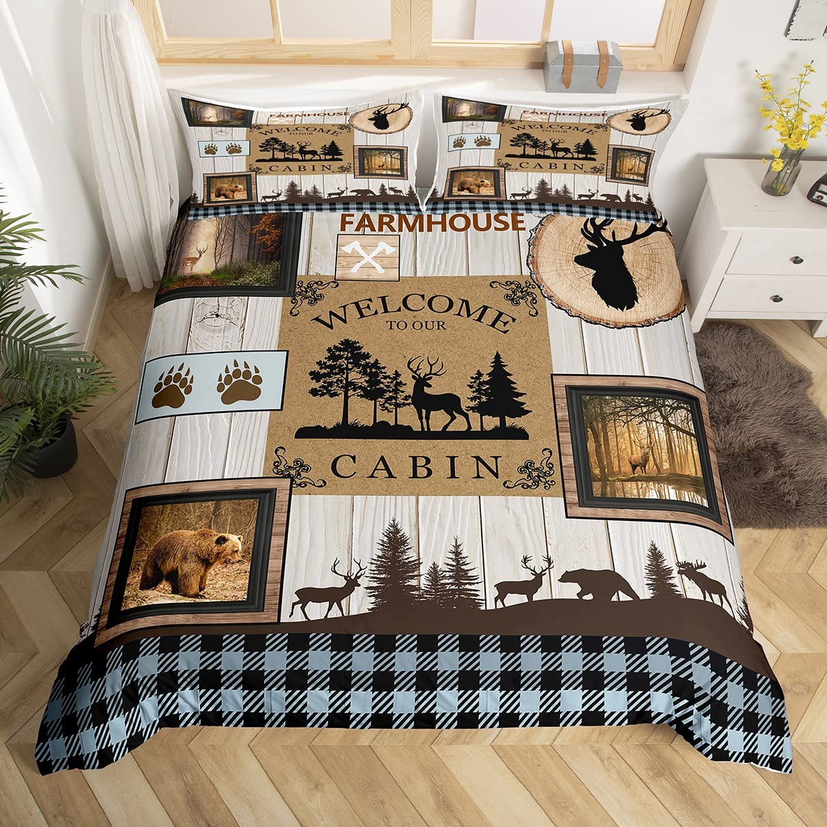 Rustic Bear Moose Duvet Cover Full Size,Countryside Rural Hunting Theme Quilt Cover for Men Women Adults,Retro Farmhouse Wood Plank Comforter Cover,Woodland Animal Cabin Lodge Bedding Set,3Pcs