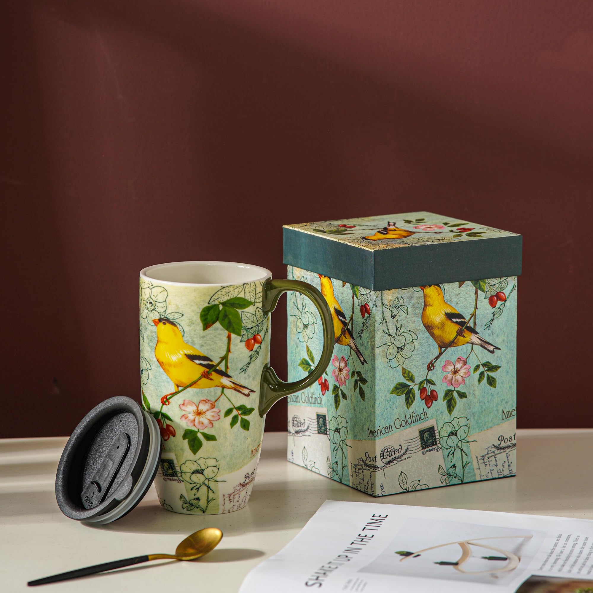 TZSSP Coffee Ceramic Mug Porcelain Latte Tea Cup Travel Mug With Lid 17oz,Song Bird