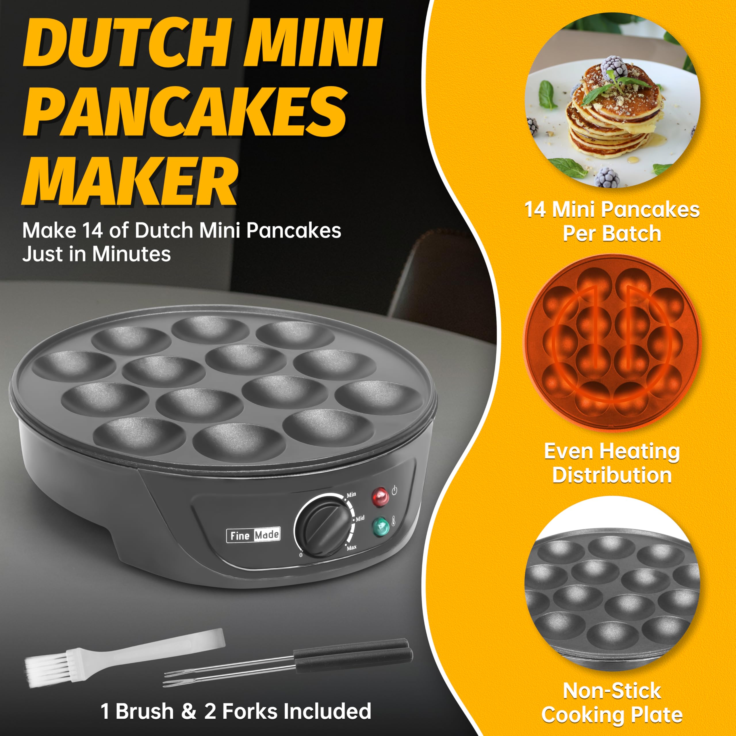 FineMade Non Stick Mini Pancakes Maker Machine, Electric Poffertjes Pan with Browning Control, Mini Ebelskiver Aebleskiver Pan, Dutch Mini Pancake Maker, with Brush & Forks, 14 Slots, Black