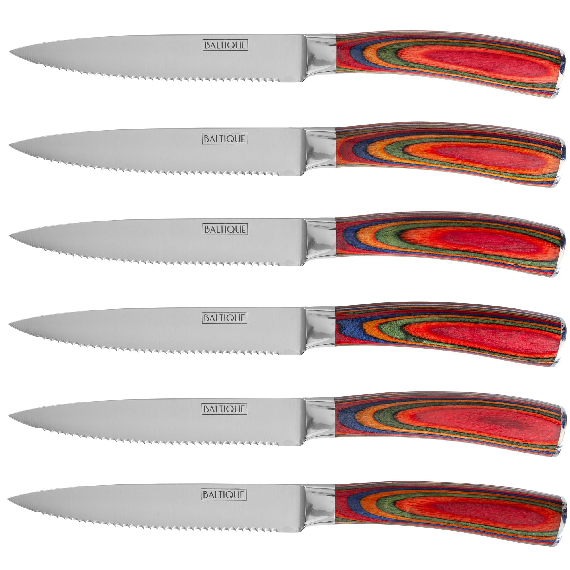 Baltique Marrakesh Collection Kitchen Steak Knives Set of 6, 5-Inch Stainless Steel Serrated Knife Set with Colorful Wooden Handles for Cutting Meat