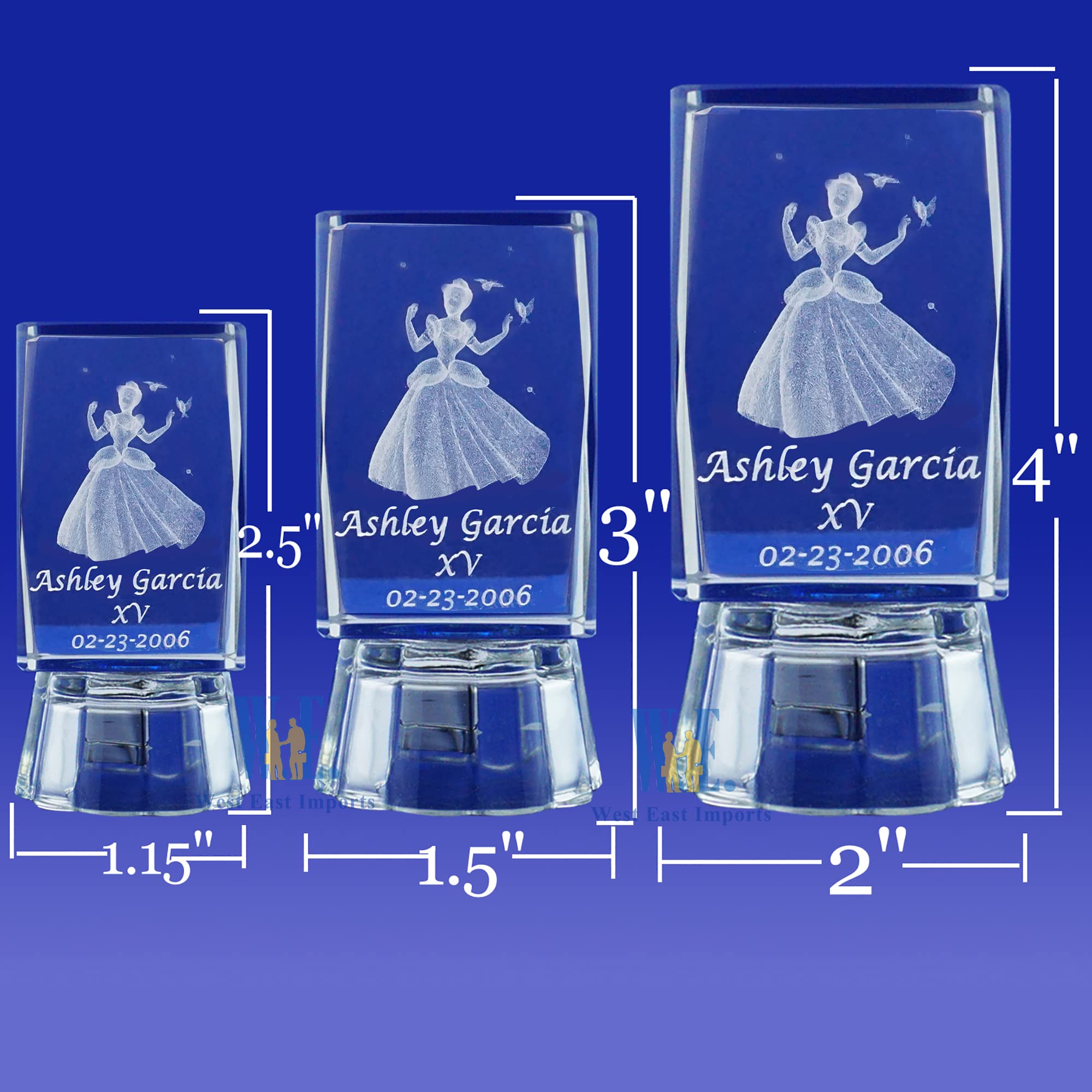 " Princess Quinceañera Party Favor 12 Pieces 3D Princess Quinceañera Crystal Favor Personalization Customization Laser Engraving - Birthday, Mis XV Años, Mis 15 Años, Sweet 15 and Sweet 16" (4"H)