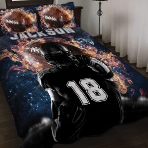 Custom Cool Galaxy Fire Footballer Quilt Set, Boys Comforter Sets Twin Throw Queen King Football, Football King Comforter Set, Football Team Gifts Bedspread Lightweight Soft Bedding for All Season