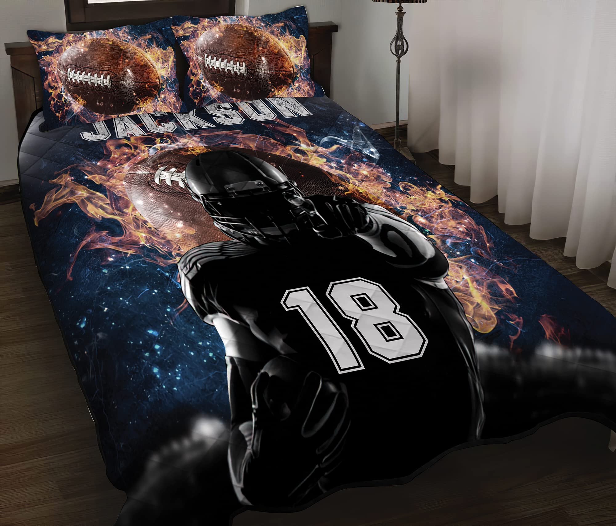 Custom Cool Galaxy Fire Footballer Quilt Set, Boys Comforter Sets Twin Throw Queen King Football, Football King Comforter Set, Football Team Gifts Bedspread Lightweight Soft Bedding for All Season