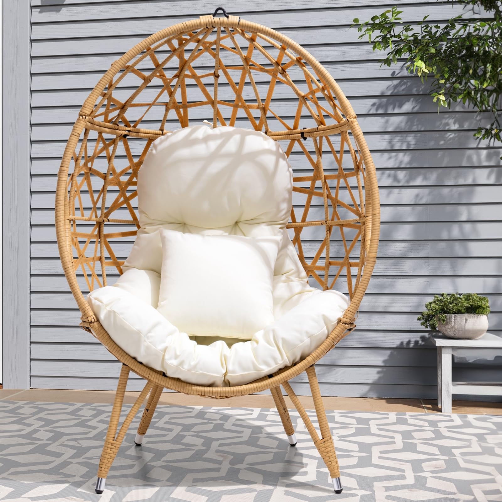 Crestlive Products Patio Wicker Egg Chair with Cushion and Pillow, Oversized Rattan Hanging Basket Lounge Chair with Legs, Teardrop Cuddle for Indoor Outdoor Bedroom Garden Deck Balcony (Beige)