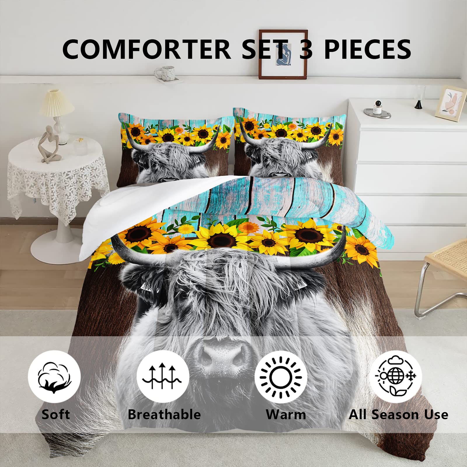 Highland Cattle Flower Comforter Set Queen Size Bull Cattle Bedding Set Western Funny Animal Bedding Set Wildlife Farmhouse Cow Quilt Set Sunflowers Comforter Set for Kids Teens Boys Girls Adults