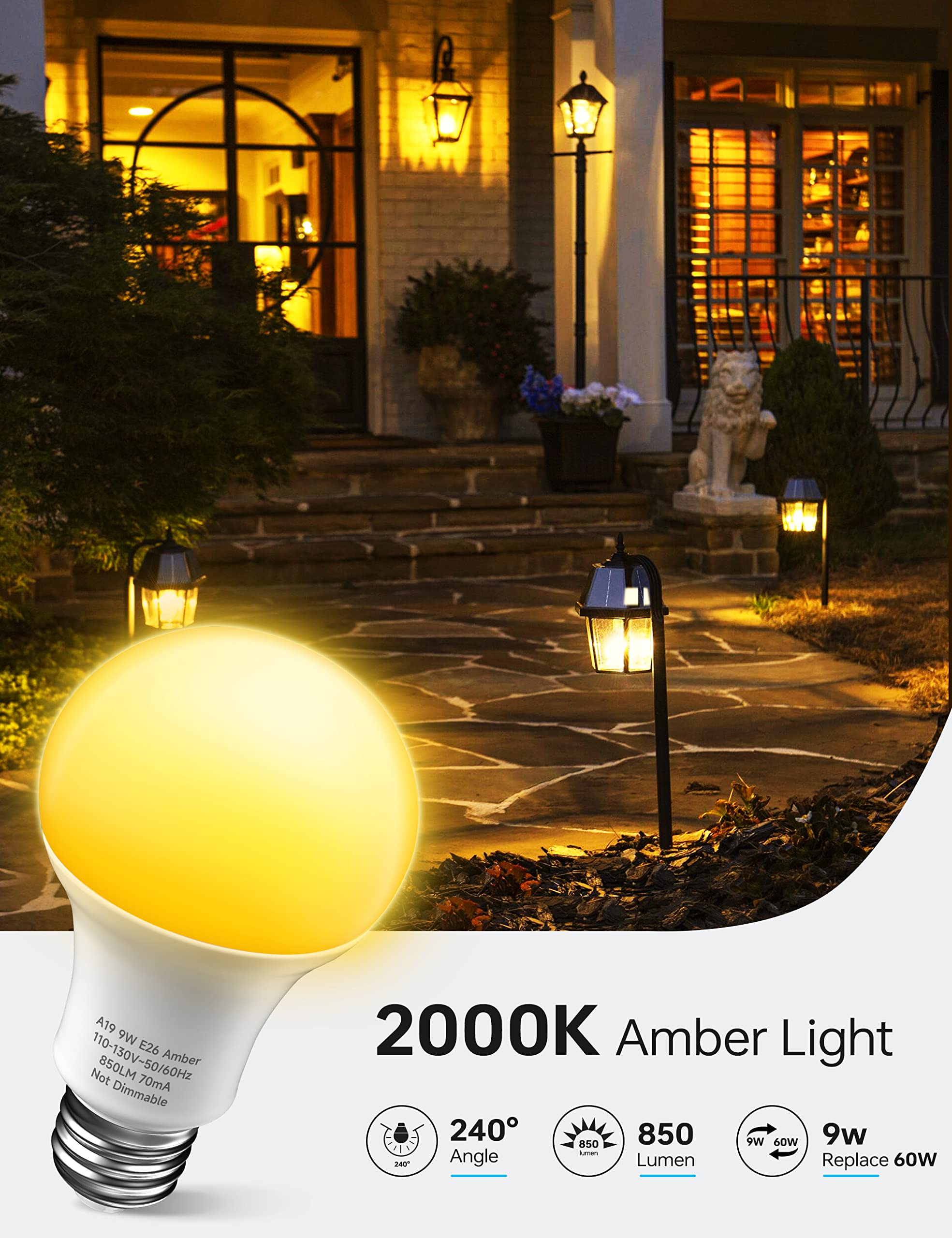 KINDEEP Amber Light Bulbs, 9W Amber Yellow LED Light Bulb, 2000K Soft Warm Light Bulbs, Bug Light Bulbs, 60W Equivalent, E26, for Bedroom, Nursery Room, Porch, Outdoor, Non-Dimmable, 4 Pack