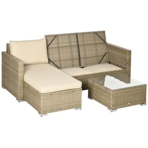 outsunny 3 piece patio wicker furniture set with storage loveseat, pe rattan conversation sofa set, l-shaped sectional couch with soft cushions, and glass top coffee table, khaki