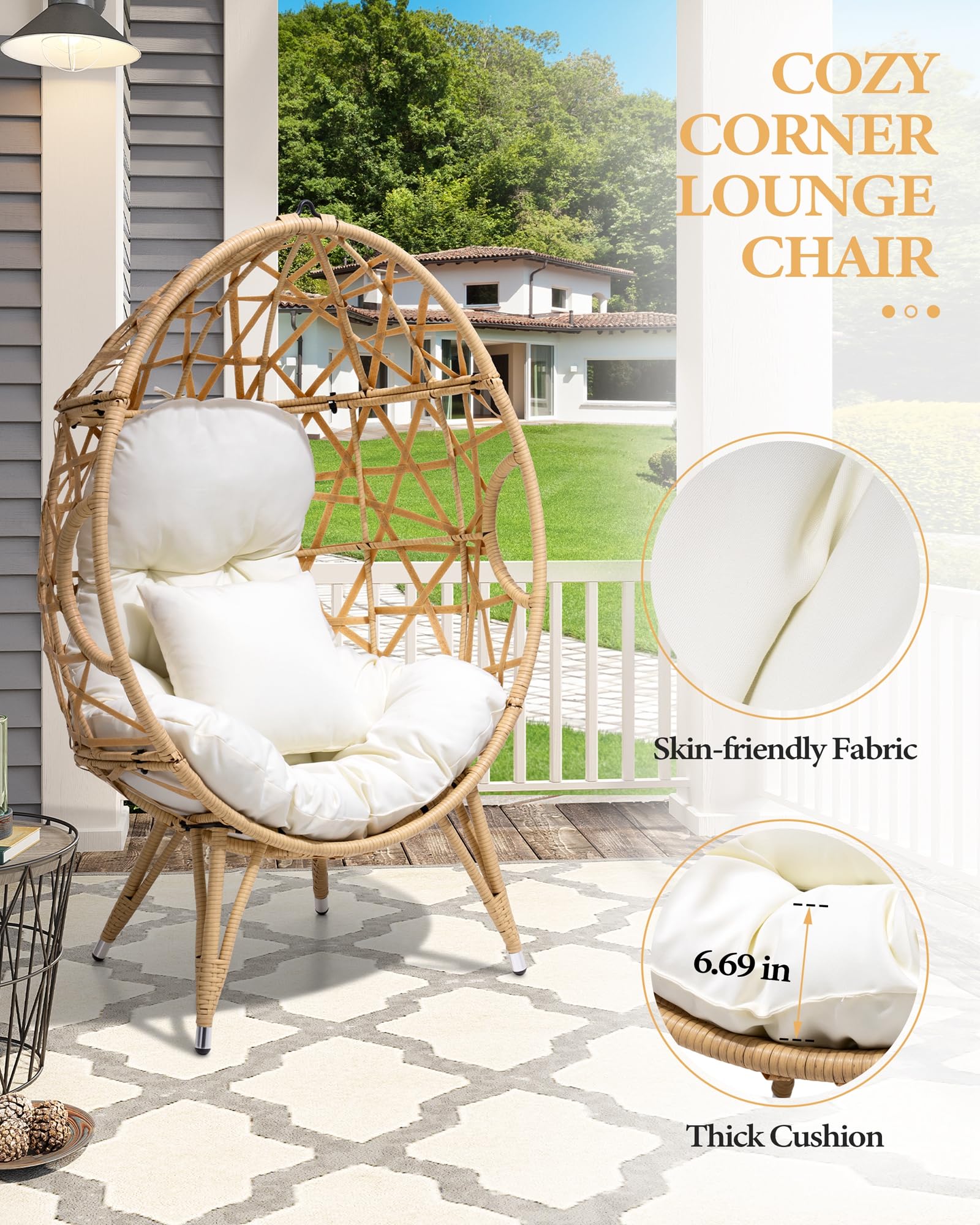 Crestlive Products Patio Wicker Egg Chair with Cushion and Pillow, Oversized Rattan Hanging Basket Lounge Chair with Legs, Teardrop Cuddle for Indoor Outdoor Bedroom Garden Deck Balcony (Beige)