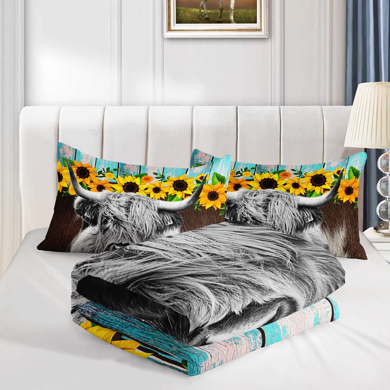 Highland Cattle Flower Comforter Set Queen Size Bull Cattle Bedding Set Western Funny Animal Bedding Set Wildlife Farmhouse Cow Quilt Set Sunflowers Comforter Set for Kids Teens Boys Girls Adults