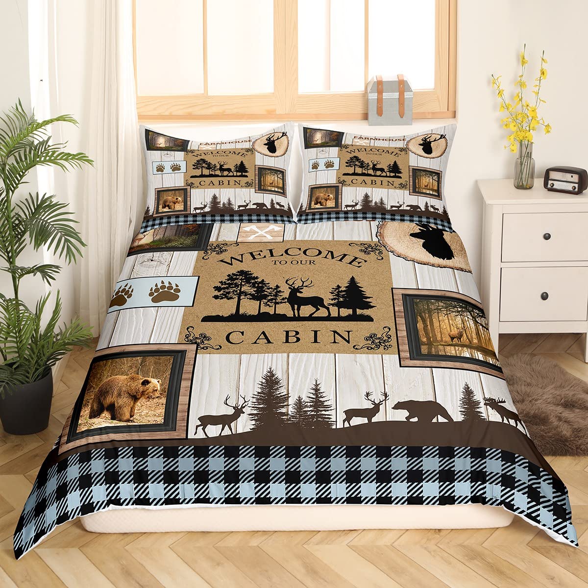 Rustic Bear Moose Duvet Cover Full Size,Countryside Rural Hunting Theme Quilt Cover for Men Women Adults,Retro Farmhouse Wood Plank Comforter Cover,Woodland Animal Cabin Lodge Bedding Set,3Pcs