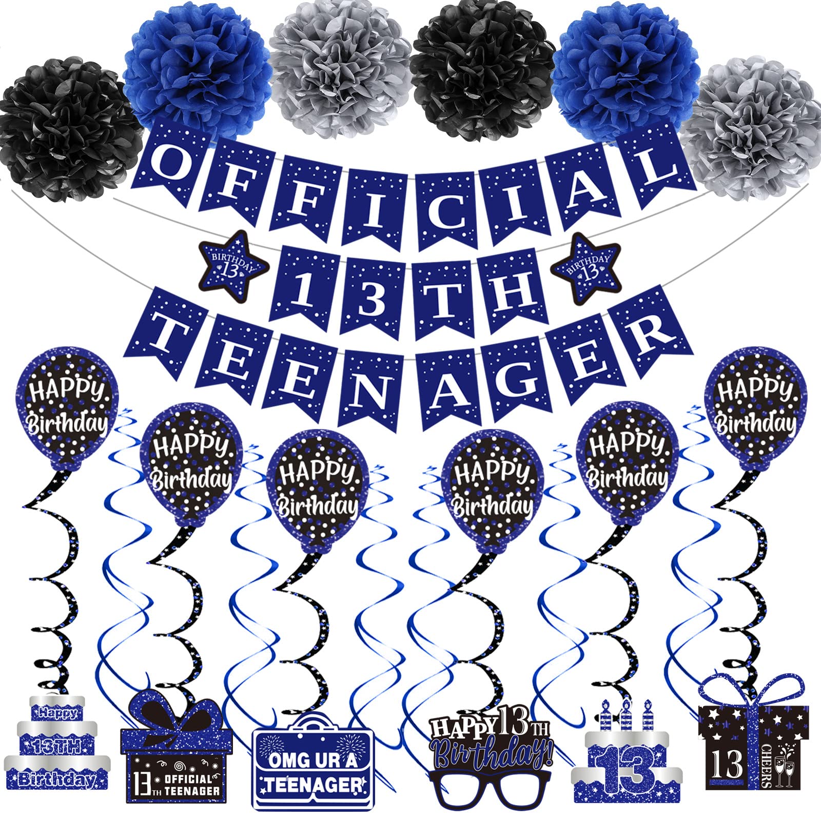 13th Birthday Decorations for Boys Girls, Blue Official 13th Teenager Banner Party Decorations, Happy Thirteen Birthday Decor Double-Sided Card Pompoms Hanging Swirl for 13 Years Teenagers Gifts 48pcs