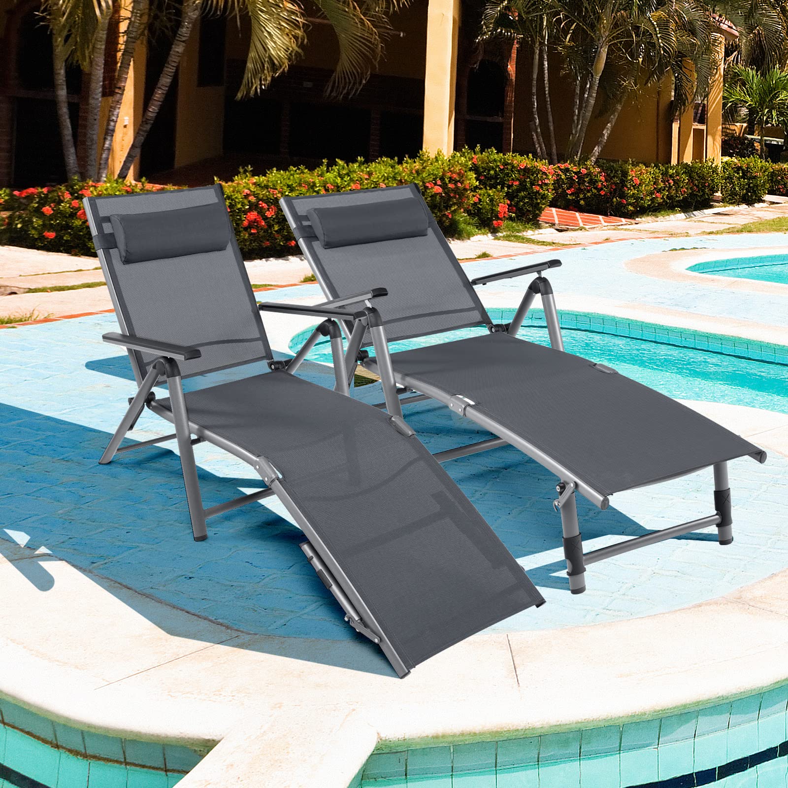 Tangkula Outdoor Aluminum Chaise Lounge Chair, Patio Folding Chaise with 8 Back and 2 Leg Adjustable Positions, Lounge Recliner with Quick-Drying Fabric for Poolside, Backyard, Beach