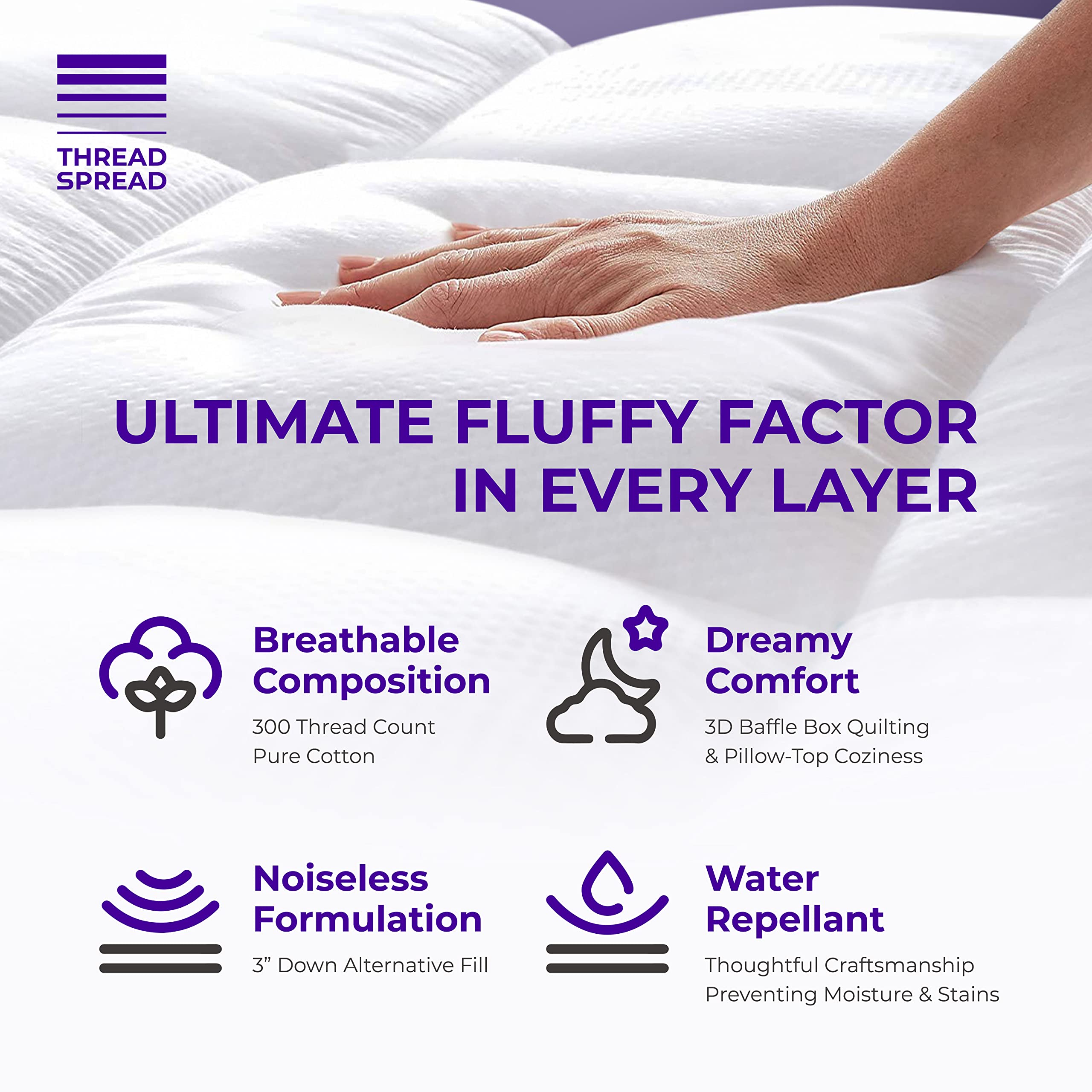 THREAD SPREAD Twin Cooling Mattress Topper, Pillow-Top Optimum Thickness, Soft 100% Cotton Fabric, Breathable & Plush Quilted Down-Like Fill, Snug Deep Pocket fit - White