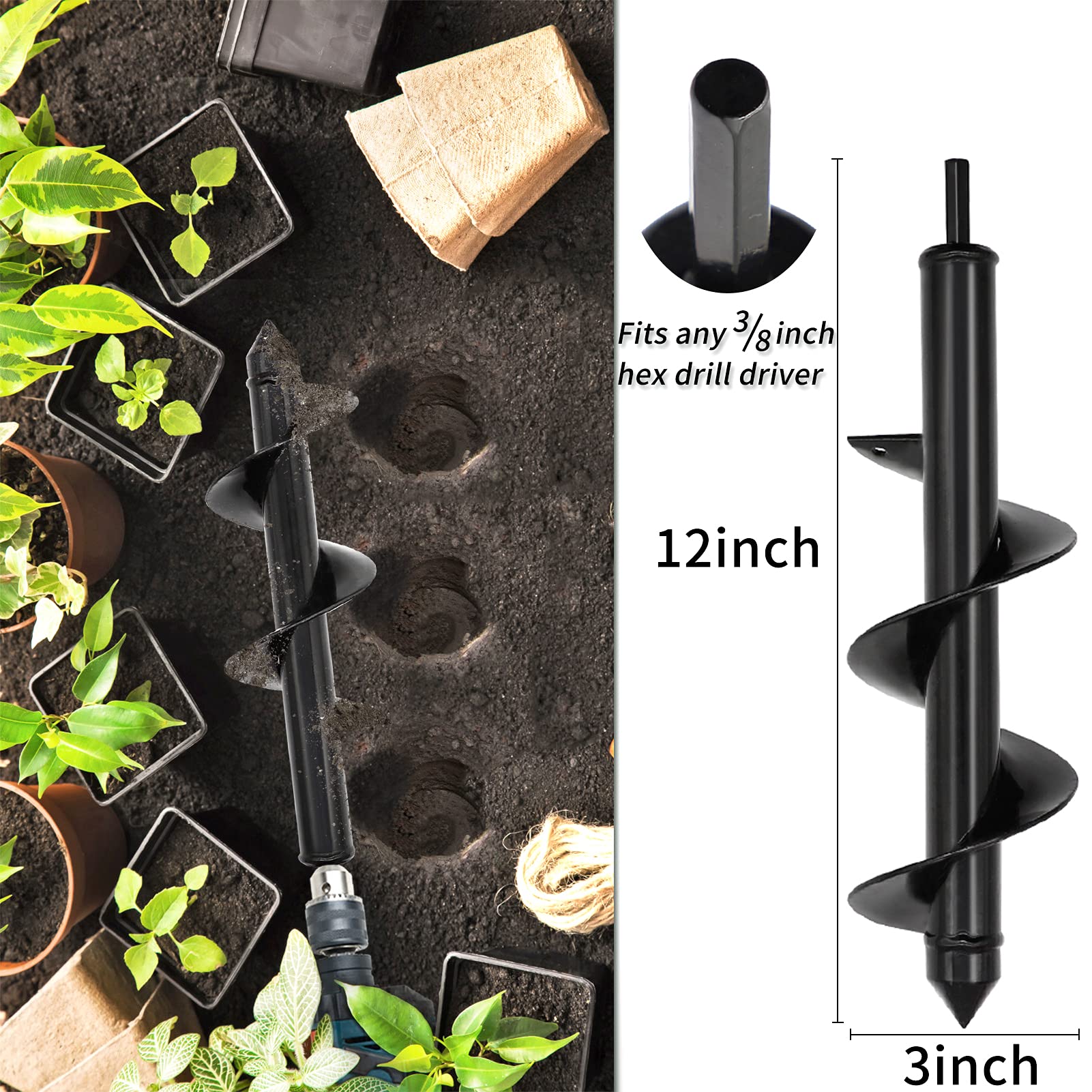 4 Set Auger Drill Bit for Planting,Heavy Duty Garden Auger Spiral Drill Bit Bulb Planter Tool for Planting Bedding Plants,Universal for Cordless Drill(1.6"x9",1.6"x16.5",3"x16.5",3"x12")