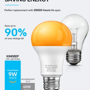 KINDEEP Amber Light Bulbs, 9W Amber Yellow LED Light Bulb, 2000K Soft Warm Light Bulbs, Bug Light Bulbs, 60W Equivalent, E26, for Bedroom, Nursery Room, Porch, Outdoor, Non-Dimmable, 4 Pack