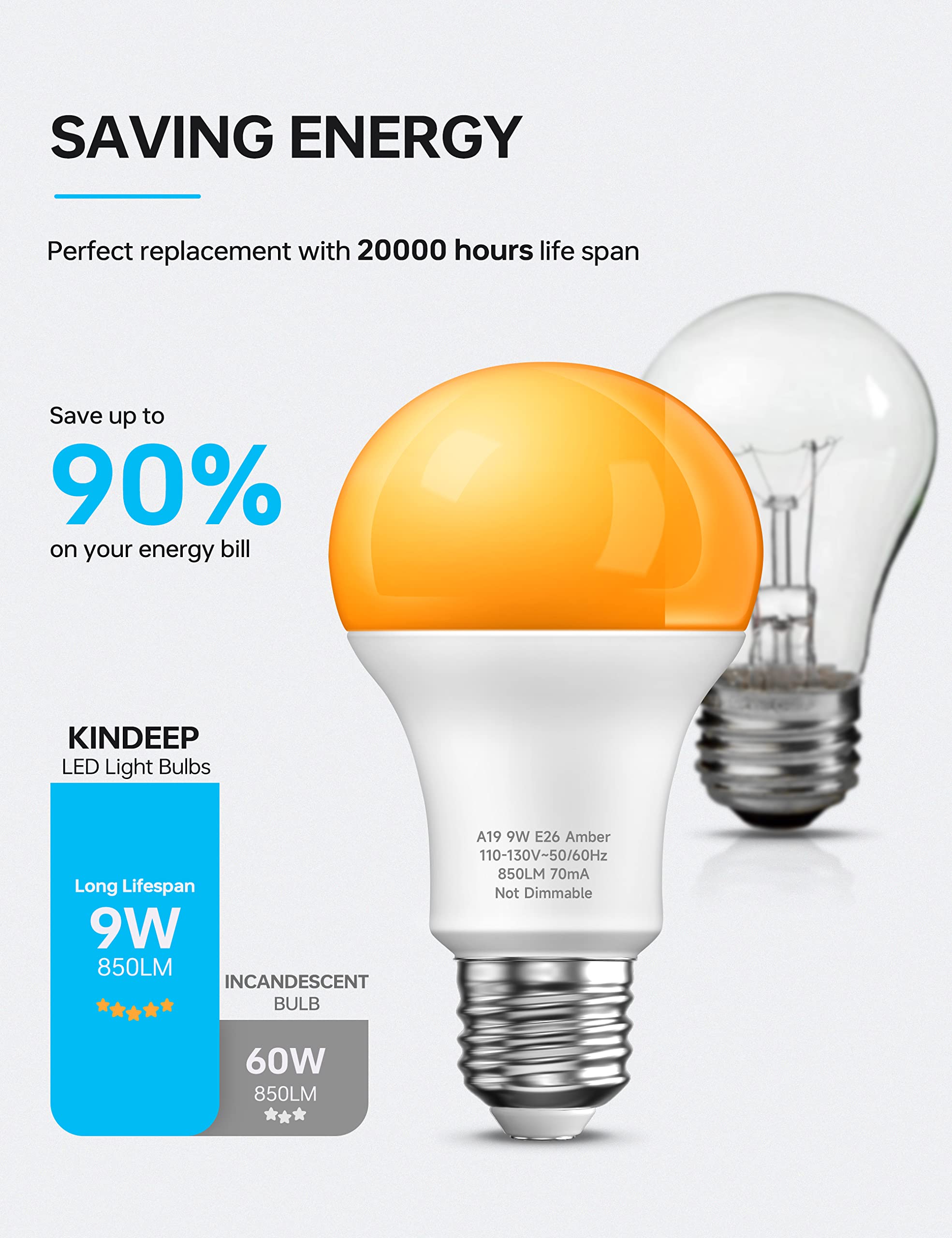 KINDEEP Amber Light Bulbs, 9W Amber Yellow LED Light Bulb, 2000K Soft Warm Light Bulbs, Bug Light Bulbs, 60W Equivalent, E26, for Bedroom, Nursery Room, Porch, Outdoor, Non-Dimmable, 4 Pack