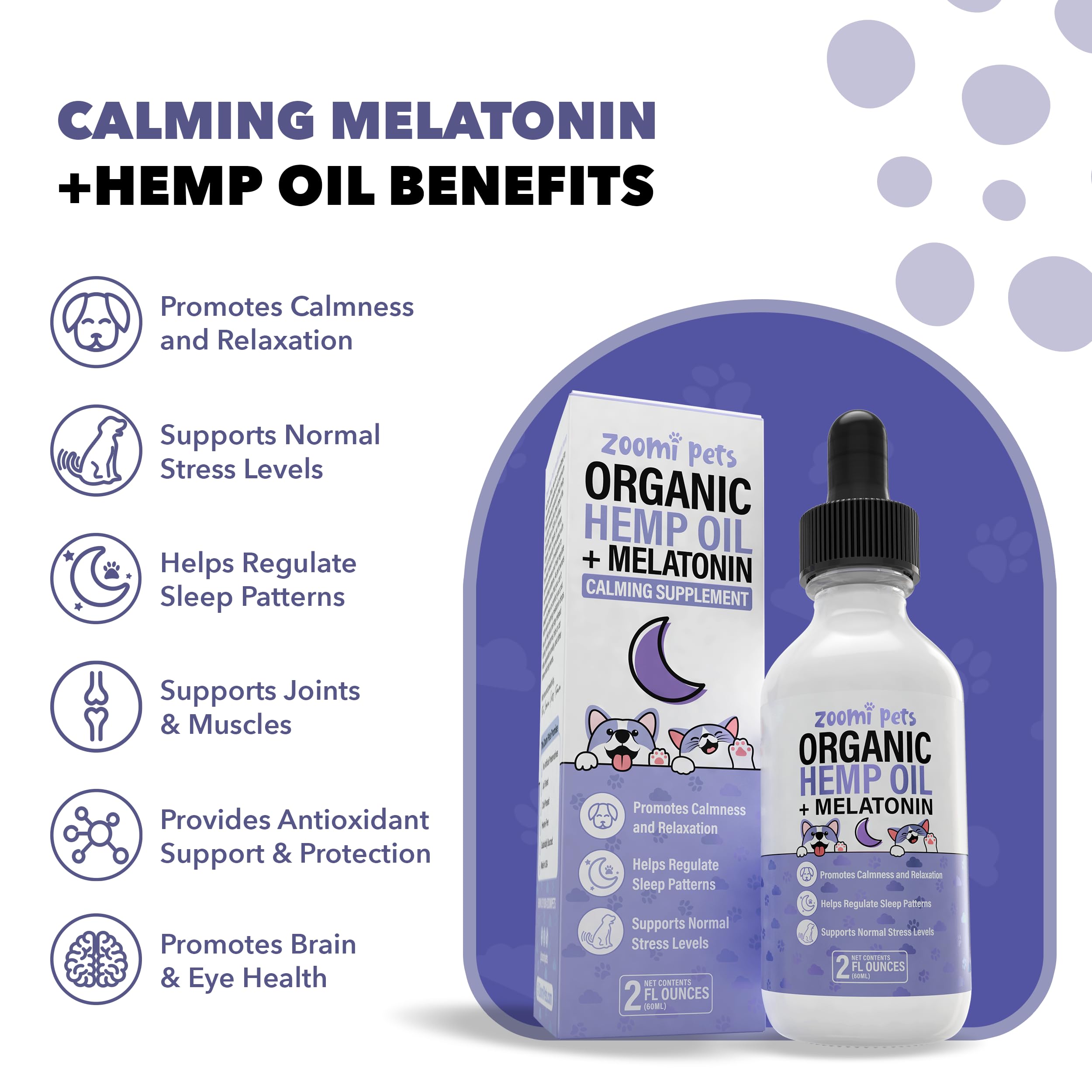 Zoomi Pets Melatonin + Organic Calming Hemp Oil for Dogs Anxiety and Stress Relief - Calming Drops Pet Hemp Oil for Dogs & Cats - Hip and Joint Support Supplement for Dogs Pain Management (2oz)