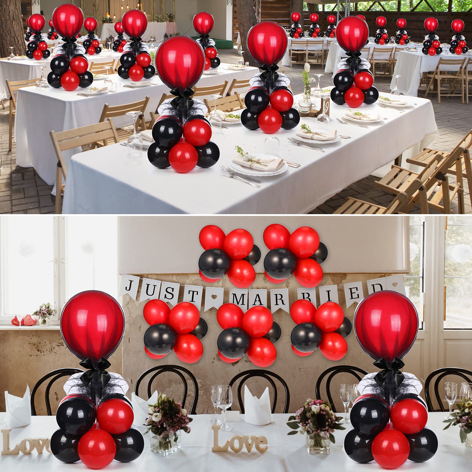 BBTO 8 Set, Black & Gold Balloon Centerpieces Kit with 128 Pcs Latex Balloons, Reusable Balloon Sticks, Tulle & Ribbons for Party Decoration