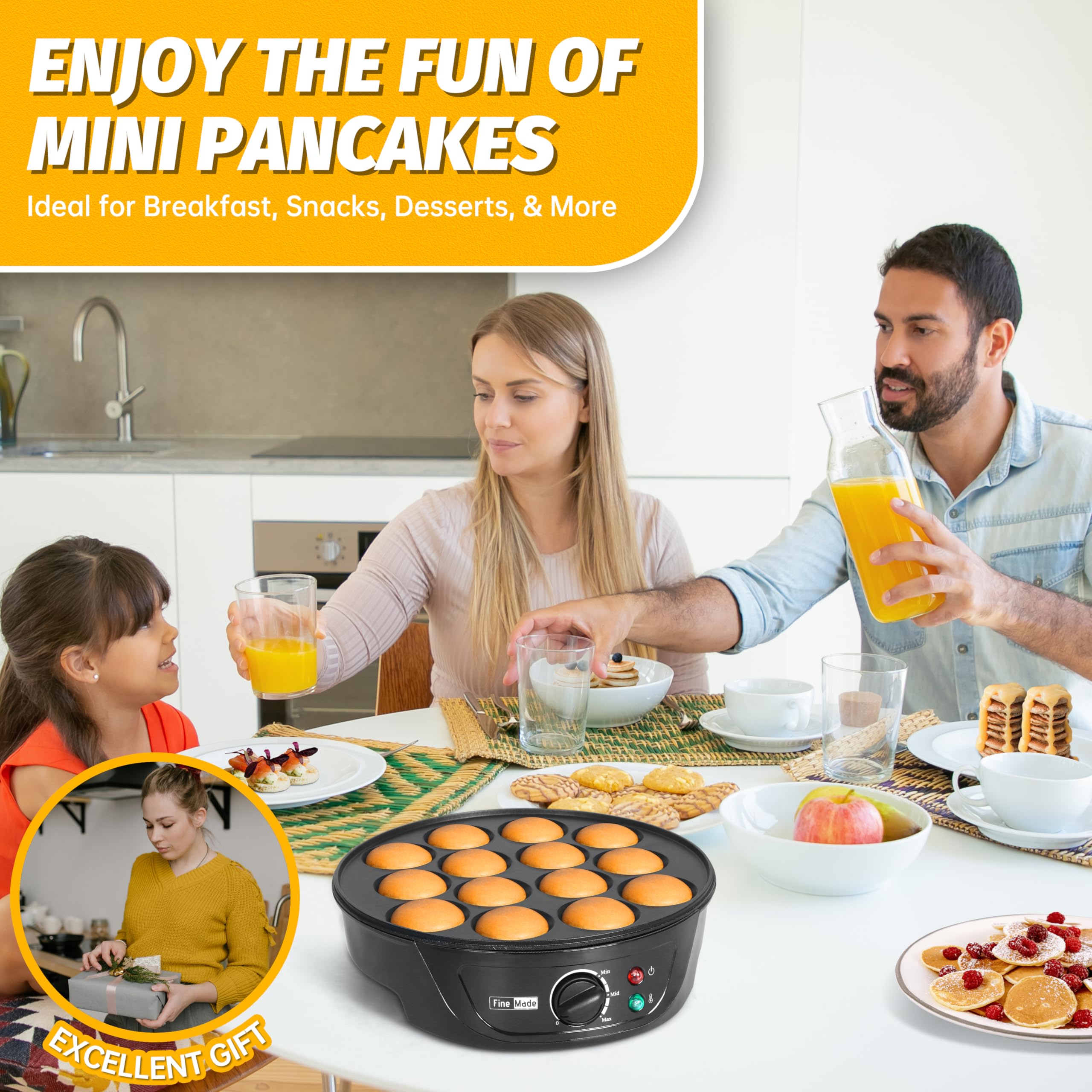 FineMade Non Stick Mini Pancakes Maker Machine, Electric Poffertjes Pan with Browning Control, Mini Ebelskiver Aebleskiver Pan, Dutch Mini Pancake Maker, with Brush & Forks, 14 Slots, Black