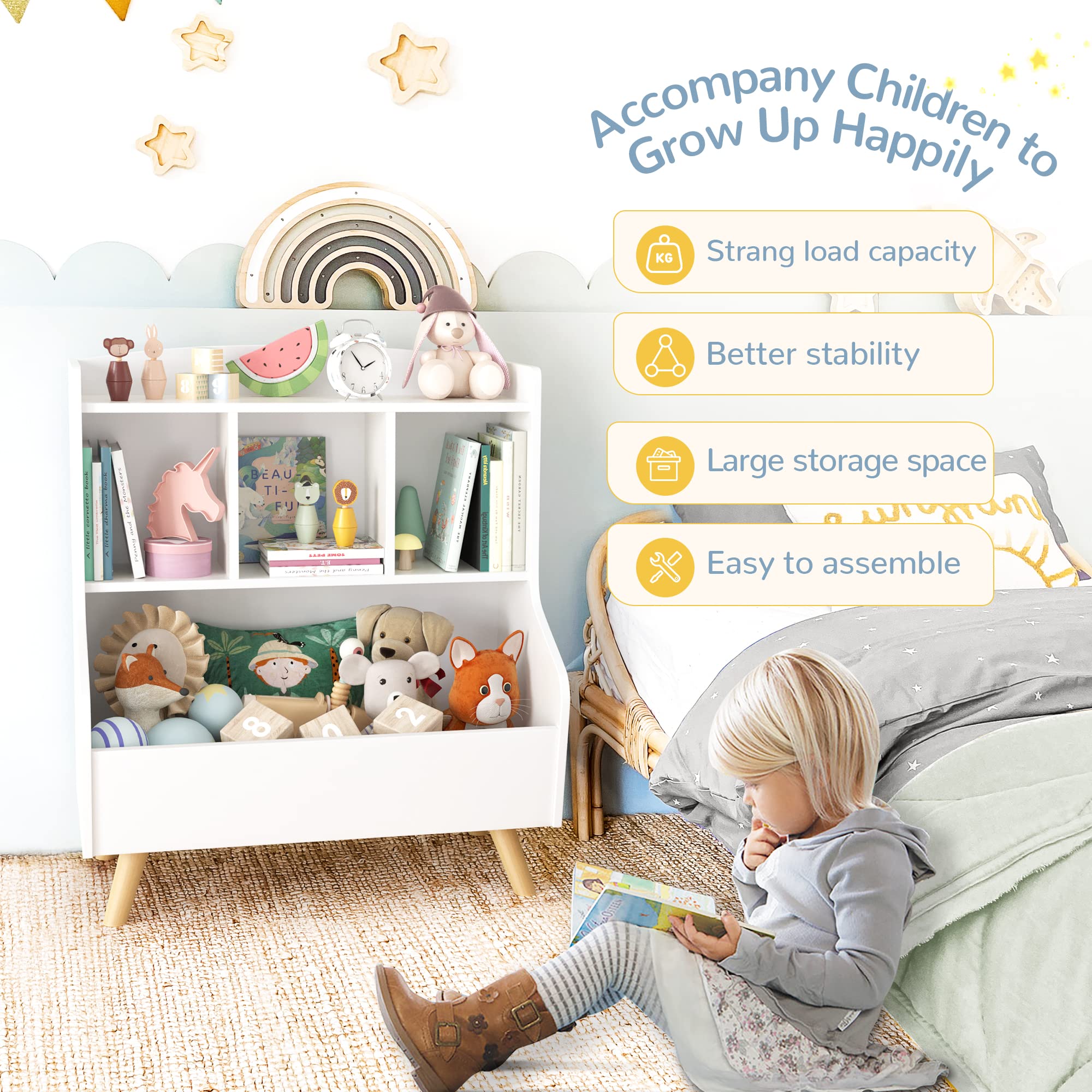 Curipeer Kids Bookshelf and Toy Storage, 3-Tier Wooden Open Bookcase, Baby Book and Toy Storage Display Organizer with Spacious Top Shelf Children, Friends, Family, White