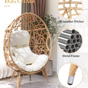 Crestlive Products Patio Wicker Egg Chair with Cushion and Pillow, Oversized Rattan Hanging Basket Lounge Chair with Legs, Teardrop Cuddle for Indoor Outdoor Bedroom Garden Deck Balcony (Beige)