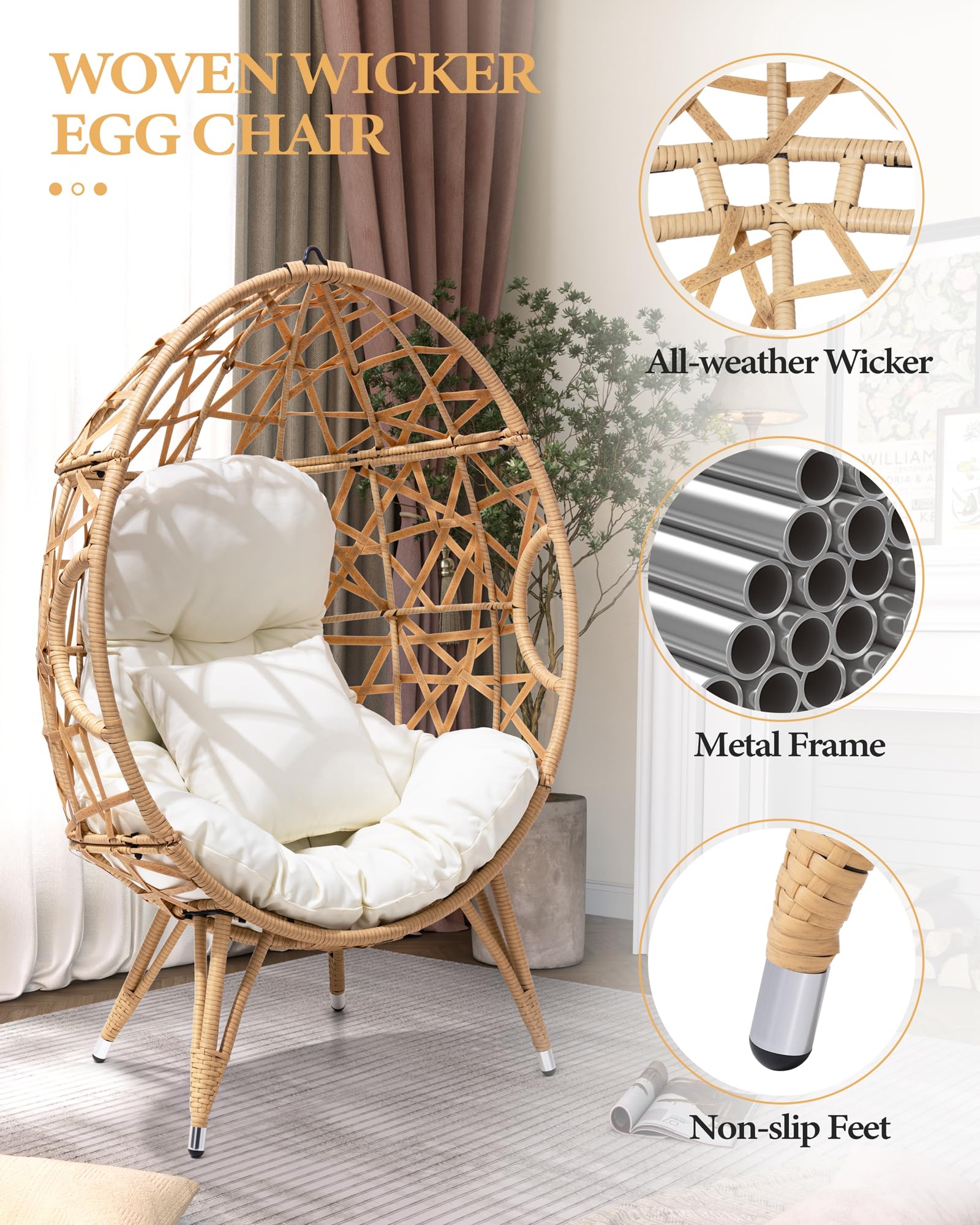 Crestlive Products Patio Wicker Egg Chair with Cushion and Pillow, Oversized Rattan Hanging Basket Lounge Chair with Legs, Teardrop Cuddle for Indoor Outdoor Bedroom Garden Deck Balcony (Beige)