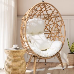 Crestlive Products Patio Wicker Egg Chair with Cushion and Pillow, Oversized Rattan Hanging Basket Lounge Chair with Legs, Teardrop Cuddle for Indoor Outdoor Bedroom Garden Deck Balcony (Beige)