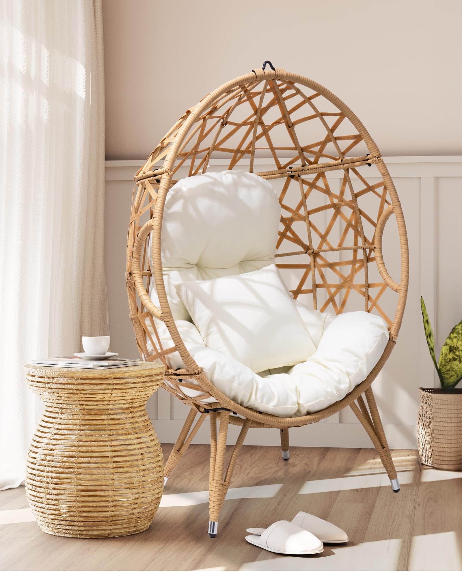 Crestlive Products Patio Wicker Egg Chair with Cushion and Pillow, Oversized Rattan Hanging Basket Lounge Chair with Legs, Teardrop Cuddle for Indoor Outdoor Bedroom Garden Deck Balcony (Beige)