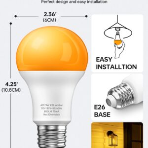 KINDEEP Amber Light Bulbs, 9W Amber Yellow LED Light Bulb, 2000K Soft Warm Light Bulbs, Bug Light Bulbs, 60W Equivalent, E26, for Bedroom, Nursery Room, Porch, Outdoor, Non-Dimmable, 4 Pack