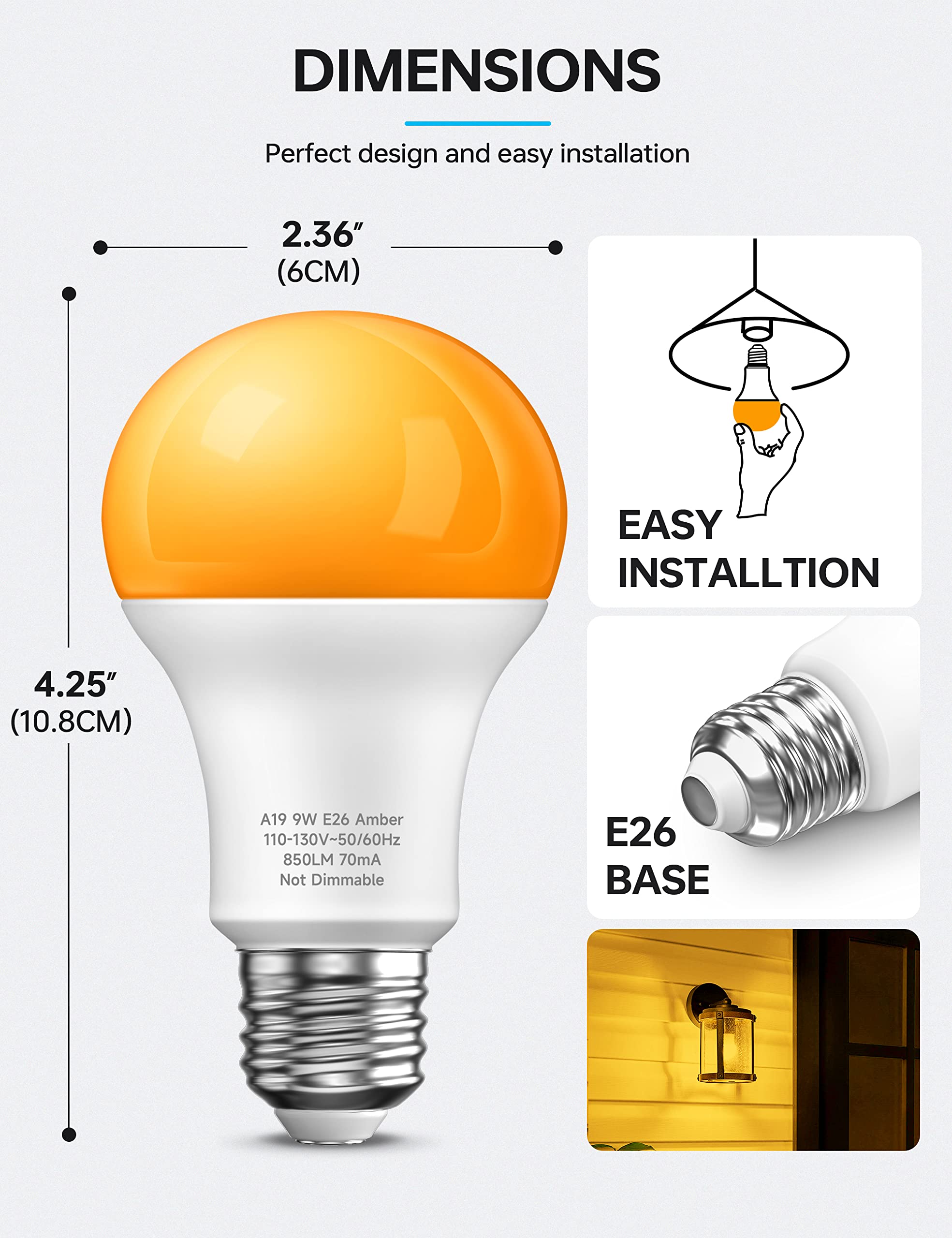 KINDEEP Amber Light Bulbs, 9W Amber Yellow LED Light Bulb, 2000K Soft Warm Light Bulbs, Bug Light Bulbs, 60W Equivalent, E26, for Bedroom, Nursery Room, Porch, Outdoor, Non-Dimmable, 4 Pack