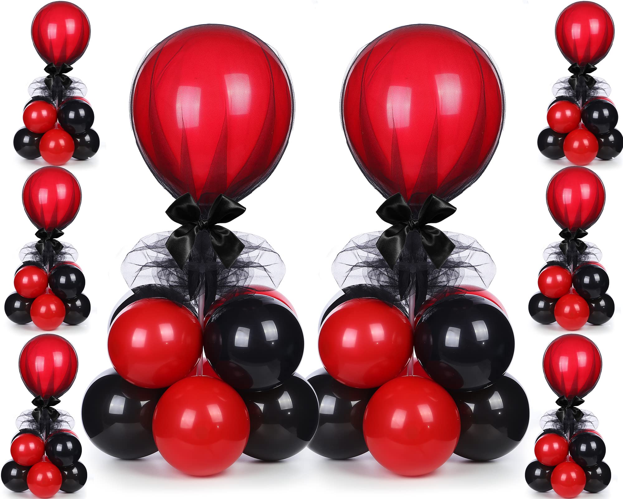 BBTO 8 Set, Black & Gold Balloon Centerpieces Kit with 128 Pcs Latex Balloons, Reusable Balloon Sticks, Tulle & Ribbons for Party Decoration