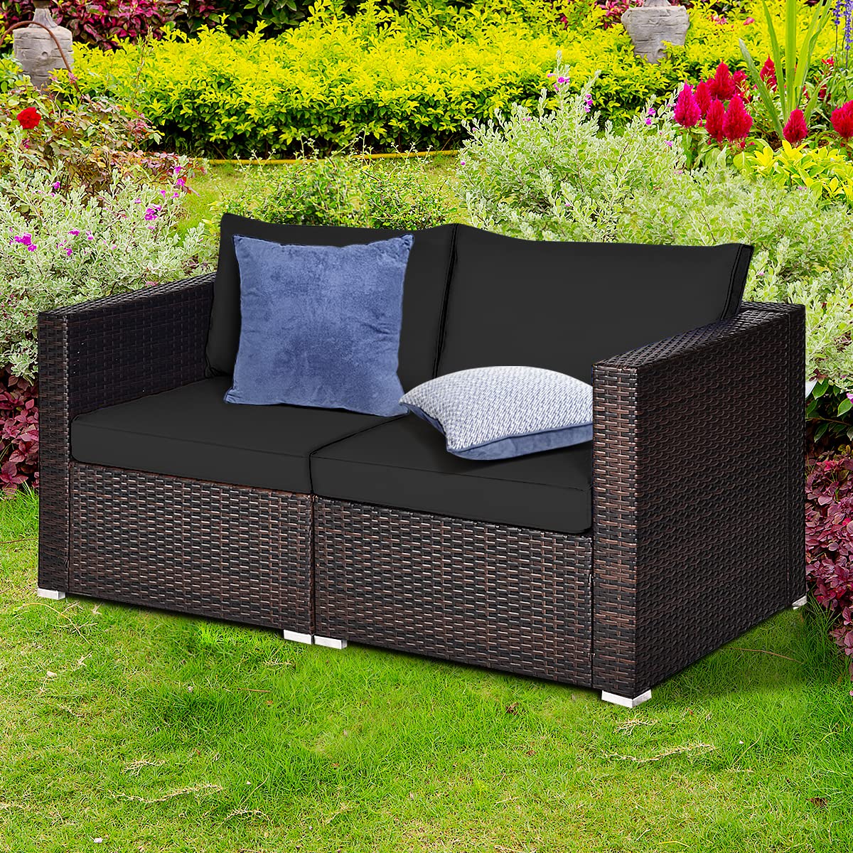 HAPPYGRILL 2 Pieces Patio Sofa Set Rattan Wicker Corner Sofa Set with Zippered Cushions for Backyard Balcony Porch Garden Poolside